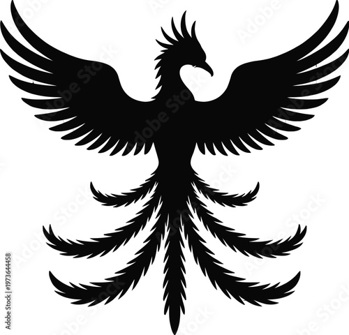 Powerful firebird mythical creature icon black silhouette graphic perfect for legendary mascot logos phoenix rising symbolism and ancient fantasy art.