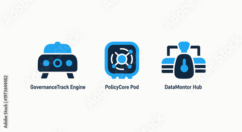 Abstract icons representing governance, data processing, and monitoring