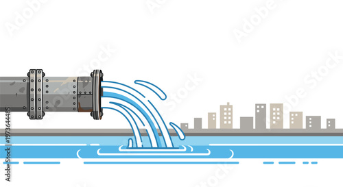 A large industrial pipe pours water into a river with a distant city skyline in the background within a clean environment featuring a soft blue aesthetic.