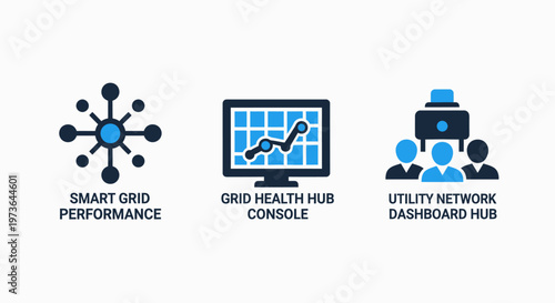 Smart grid performance monitoring and utility network dashboard hub icons