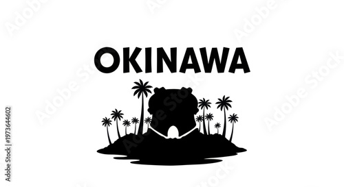 A bold black silhouette design prominently features the word "OKINAWA" above an island landscape with palm trees and a traditional castle, symbolizing the iconic Japanese prefecture.