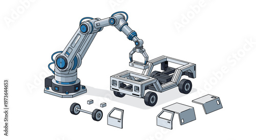 A large mechanical robotic arm carefully assembles a car chassis with precise movements in a clean industrial environment featuring a minimalist color palette.