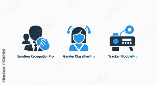 Digital technology icons representing emotion recognition, gender classification, and tracker module applications