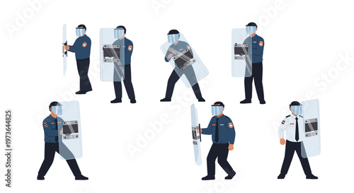 Seven security guards wearing blue uniforms and white shirts hold transparent riot shields in defensive stances within a bright and minimalist studio setting.