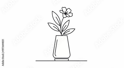 A continuous one-line drawing elegantly portrays a small plant with a single flower and multiple leaves nestled in a modern, tapered vase on a white background.
