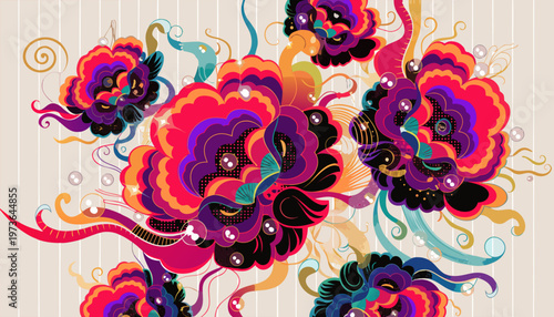 Vibrant Maximalist Floral Vector Illustration with Bold Colors and Whimsical Abstract Elements.eps