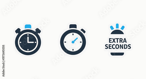 Time management icons including stopwatch, clock, and extra seconds concept