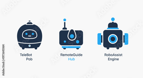Robotic technology icons depicting tele bot pal, remote duos hub, and robo assist engine concepts