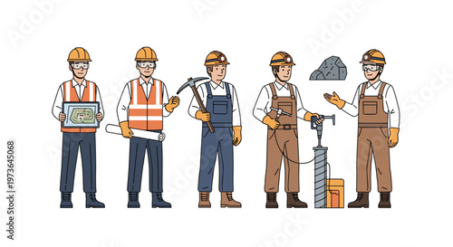 Five miners wearing orange vests and protective helmets stand with various mining equipment including a pickaxe and a pneumatic drill in a bright environment.
