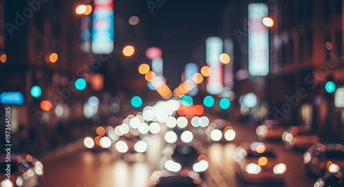 A blurred view of a busy city street at night with colorful lights and traffic
