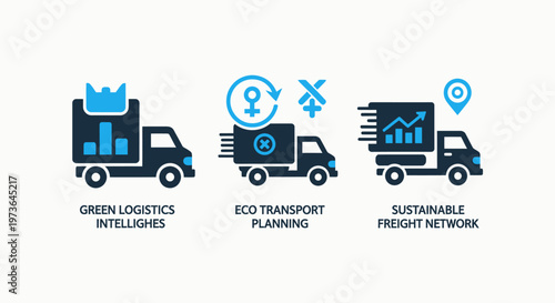 Green logistics intelligence, eco transport planning, and sustainable freight network icon set with trucks