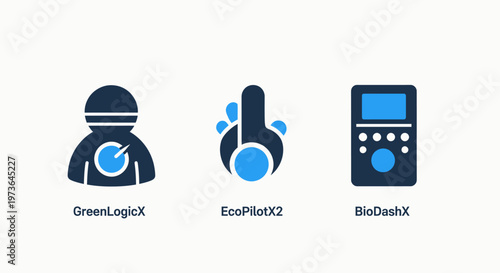 Abstract technology icons representing green logistics, eco pilot, and evolution dashboard systems
