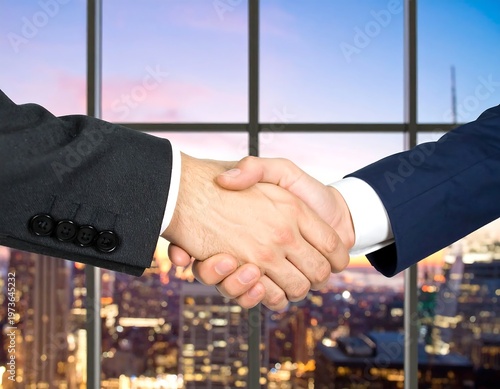 Businessmen shaking hands in office.