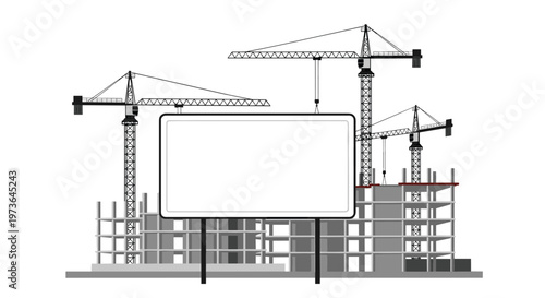 Three tall industrial grey tower cranes loom over a skeletal concrete building frame behind a large blank white rectangular billboard for advertisement.