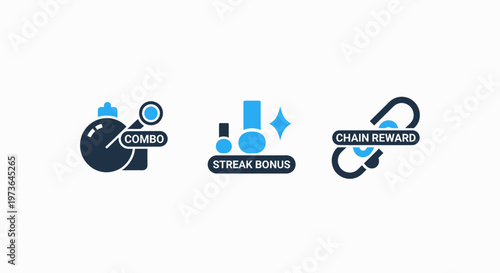 Gaming and reward system icons representing combo, stream bonus, and chain rewards for online games or interactive applications