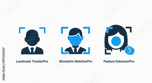 Biometric identification icons showing face recognition, landmark tracking, and feature extraction concepts for security and technology applications