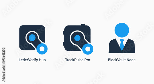 Blockchain and digital security icons representing a ledger hub, data connection, and a blockvault node for decentralized systems and user identity