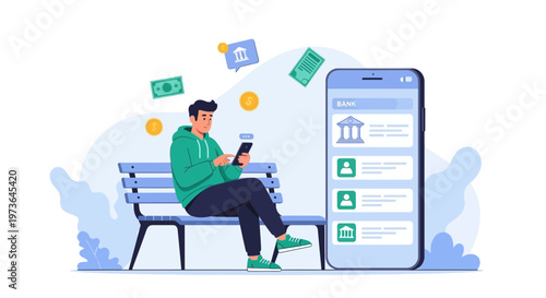 Man using mobile banking app on bench with digital finance icons and smartphone