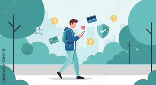 Man using mobile payment app in park with credit cards, coins, and security shield icons