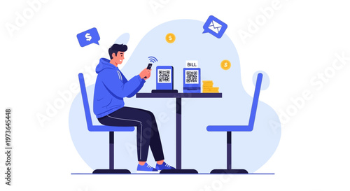 Man using smartphone for contactless payment with QR code at cafe table