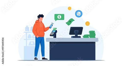 Man using smartphone for contactless payment at checkout counter with cash and coins