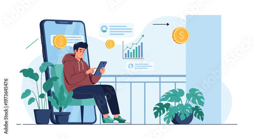 Man using smartphone for online trading and investment, financial growth concept