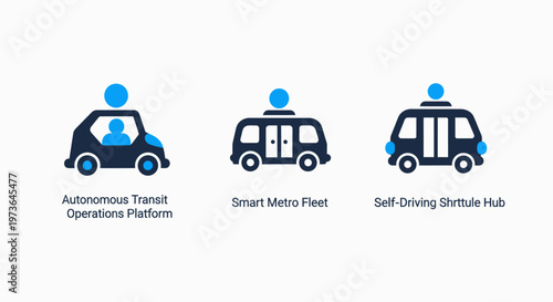 Autonomous transit operation platform icons featuring private shuttle fleet and shared mobility vehicles for smart city transportation and future logistics