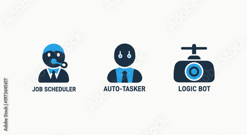 Artificial intelligence and automation icons including a job scheduler auto tasker and logic bot for efficient workflow management