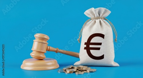 Wooden judge gavel and euro money bag on blue background, legal financial compensation concept, justice system and currency litigation