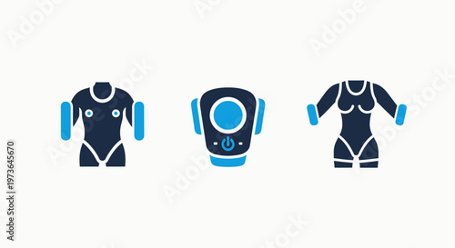 Flat vector icon set showing wearable robotic exoskeletons and smart suit components for physical assistance and augmentation in industrial and healthcare settings