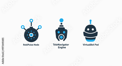 Artificial intelligence and automation icons featuring auto picker bot, tokenization engine, and virtual robot head designs for software and tech interfaces