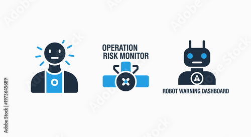 Industrial automation risk management icons including operation monitoring and robot warning dashboard symbols for safety and security system interfaces