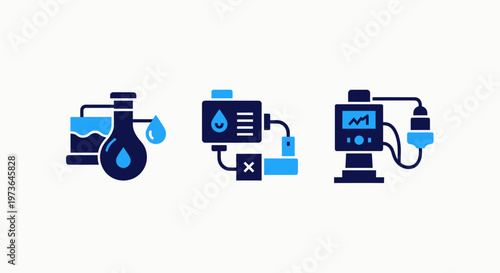 Industrial chemistry and laboratory processing icons featuring beakers automated liquid pumps and digital flow monitors