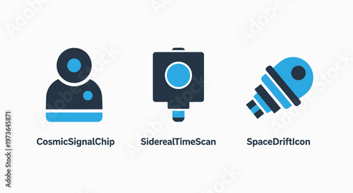 Futuristic space exploration icons featuring cosmic signal chip and sidereal time scan