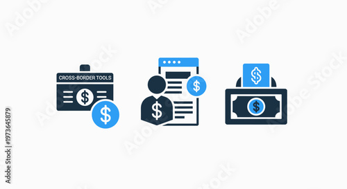 Financial management icon set for salary payments and cash transactions