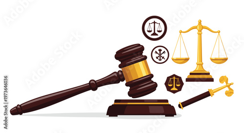 Dark wooden judge's gavel resting on a block with golden scales of justice and a small ceremonial mallet nearby on a soft beige background for legal themes.