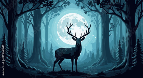 A majestic stag with large antlers stands silhouetted in a dark, mysterious forest under the glow of a huge, luminous full moon, creating an enchanting and mystical nocturnal scene.