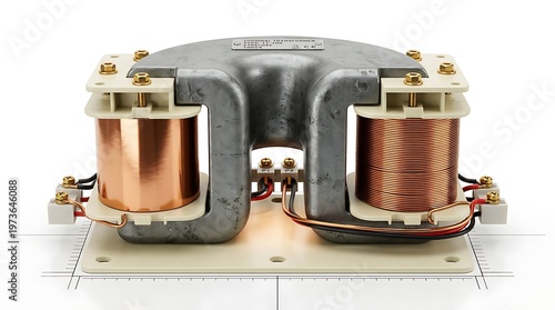 A close up view of an electrical transformer with copper coils and wires