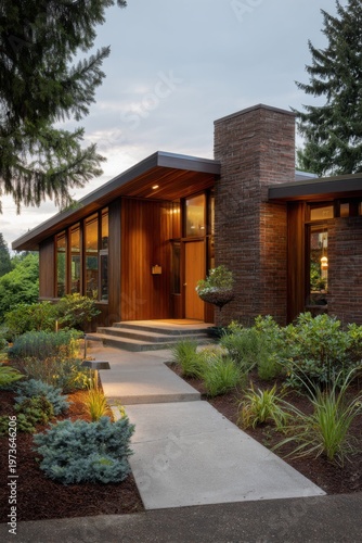 Modern house with large windows and a stone chimney situated in a green neighborhood at twilight, showing a welcoming front yard