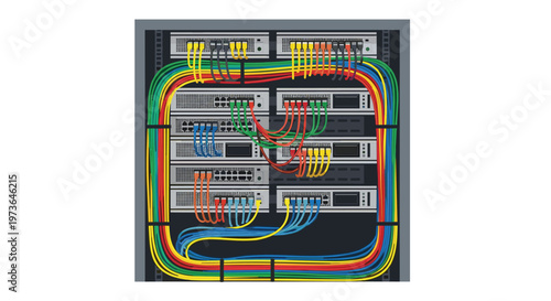 Server rack cabinet filled with multiple network switches and organized colorful ethernet cables in a dense structured layout on a neutral gray background.