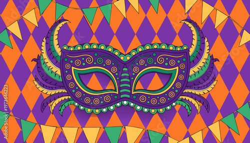 Vibrant Mardi Gras Masquerade Mask Vector with Ornate Feathers and Harlequin Pattern Background.eps