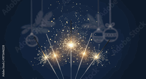 Brightly lit sparklers create a dazzling display against a dark blue background adorned with subtle, outlined Christmas ornaments, evoking a festive and elegant holiday spirit.