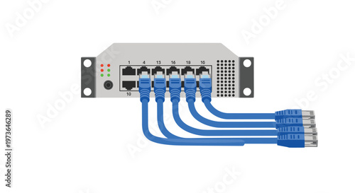Single network switch unit with five blue ethernet cables connected to the front ports against a plain white background for connectivity and networking concepts.