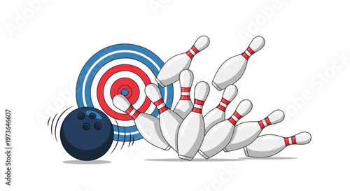 A dark blue bowling ball hits pins in front of a red and blue circular target showing motion lines behind the ball on a clean and neutral background.