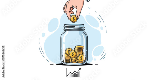 A human hand deposits a golden dollar coin into a glass savings jar, with a subtle financial growth graph in the background indicating increasing wealth.