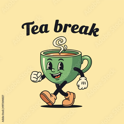 Retro cartoon walking teacup with steam and text Tea Break.