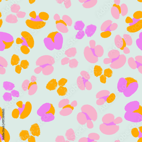 A floral seamless vector pattern in vibrant orange, lilac, pink on mint green background with hand-painted organic blooms