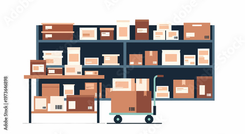 Inventory Management With Shelves And Cart Delivering Boxes Packages