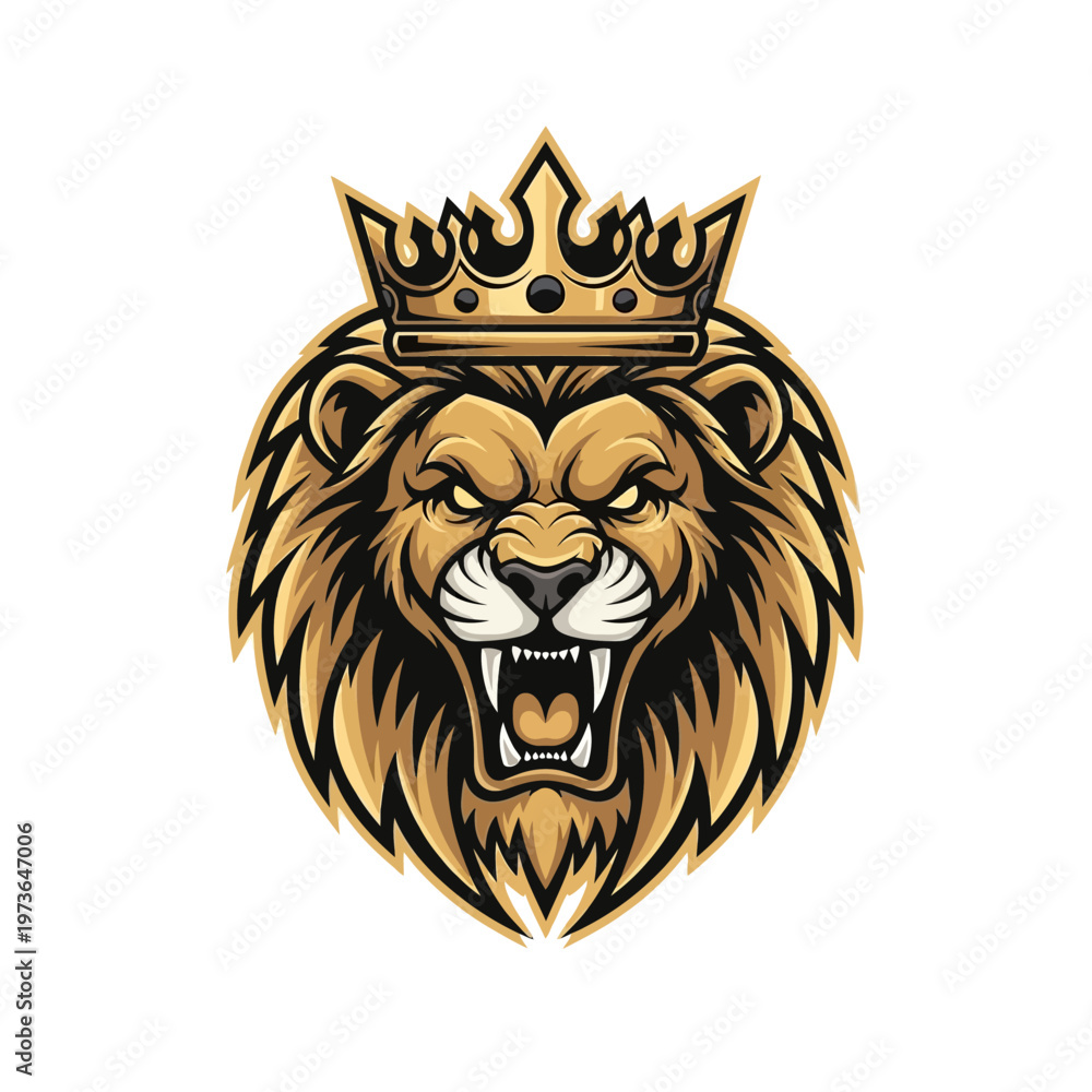 Obraz premium Roaring Lion Head with Golden Crown Vector Illustration.