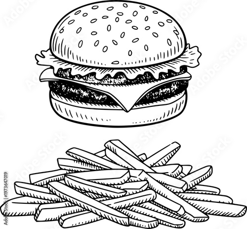 Fotografie Hand drawn of a classic cheeseburger and french fries a white background hamburg
